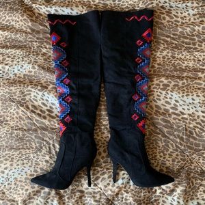 Qupid Over The Knee Suede Tribal Print Heel Boots